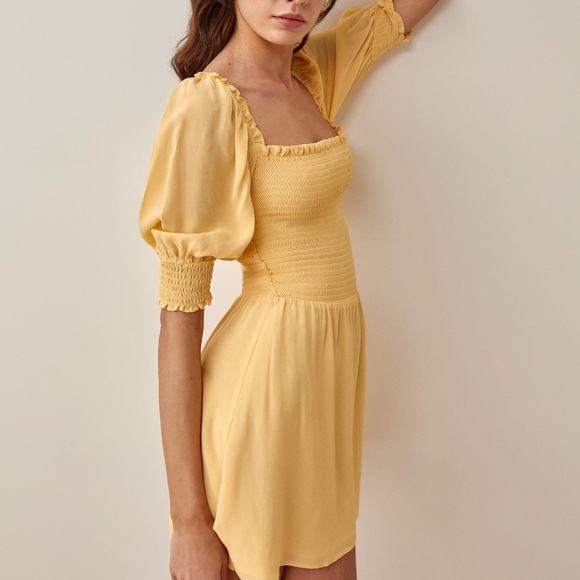 Reformation Elle Ruffled Shirred Crepe Mini Dress In Yellow - Picture 3 of 5